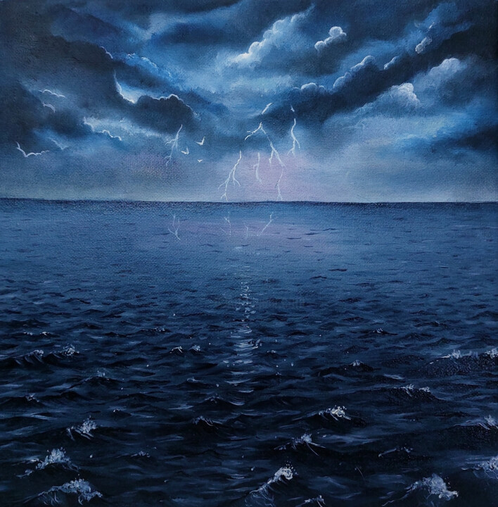 Painting titled "Seascape in the sto…" by Mariia Vlasenko, Original Artwork, Oil