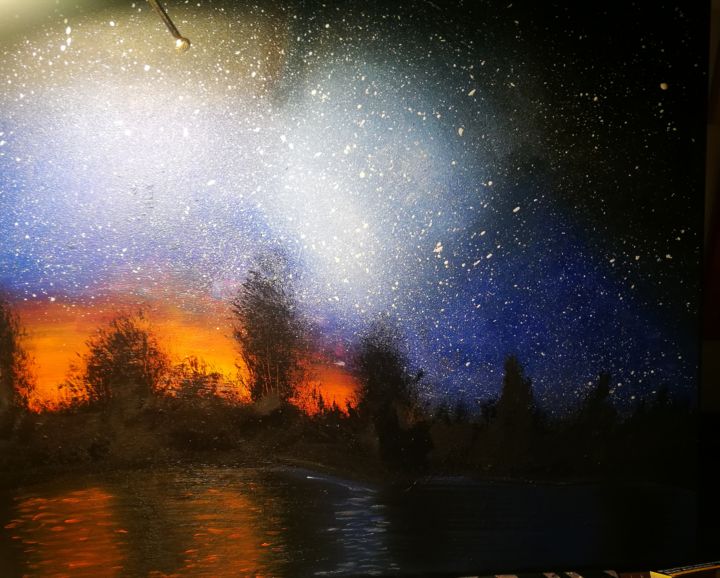 Malerei mit dem Titel "See bei Sonnenunter…" von Maria Wien, Original-Kunstwerk, Acryl