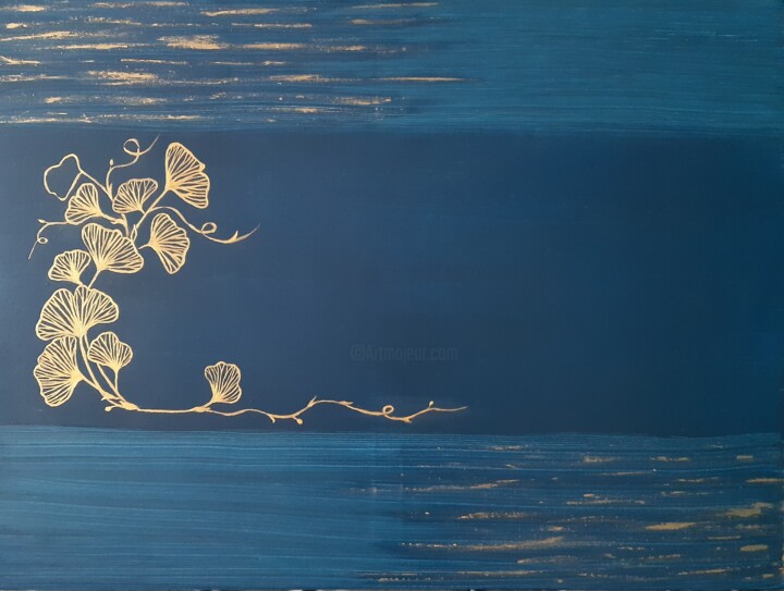 Peinture intitulée "Blue and gold ginkgo" par Maria Xavier Alves (XAM), Œuvre d'art originale, Acrylique