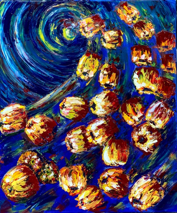 Painting titled "Apples falling into…" by Maria Zasidkovych (Mariia), Original Artwork, Oil