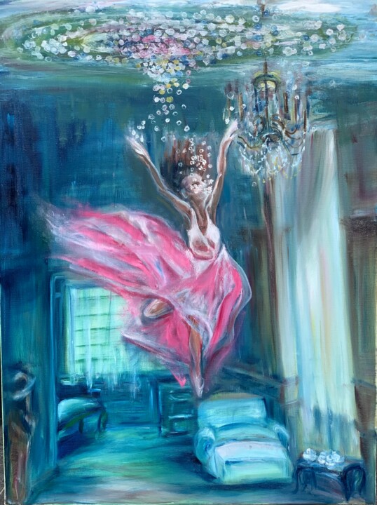 Painting titled "Dancing under water" by Maria Zasidkovych (Mariia), Original Artwork, Oil Mounted on Wood Stretcher frame
