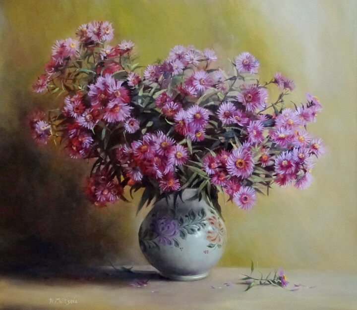 Painting titled "Aster de Nouvelle-A…" by Maria Zhiltsova, Original Artwork, Oil