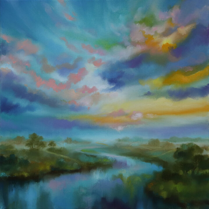 Painting titled "River to infinity" by Mariia Zhurovich, Original Artwork, Oil Mounted on Wood Stretcher frame