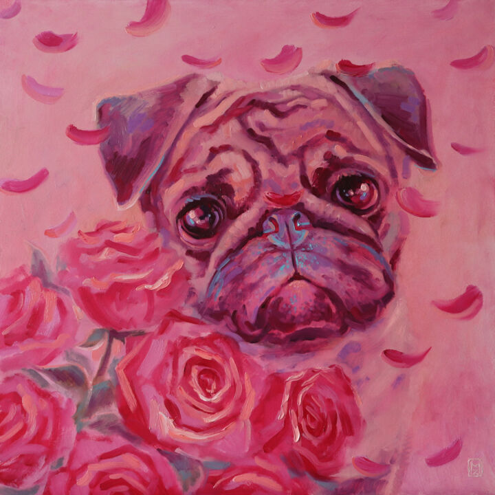 Peinture intitulée ""Pug in roses", ART…" par Mariia Zhurovich, Œuvre d'art originale, Huile Monté sur Panneau de bois