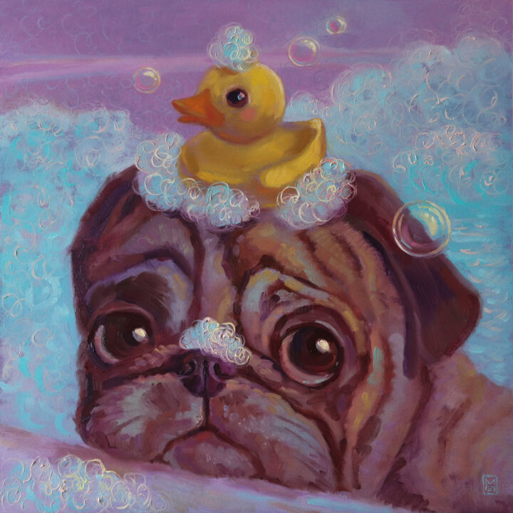 Картина под названием ""Pug and soap bubbl…" - Мария Журович, Подлинное произведение искусства, Масло Установлен на Деревянн…