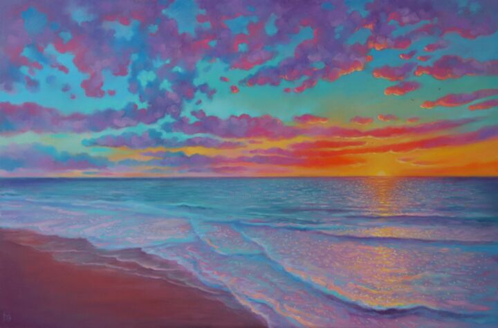 Картина под названием "Shining sunset" - Мария Журович, Подлинное произведение искусства, Масло Установлен на Деревянная пан…