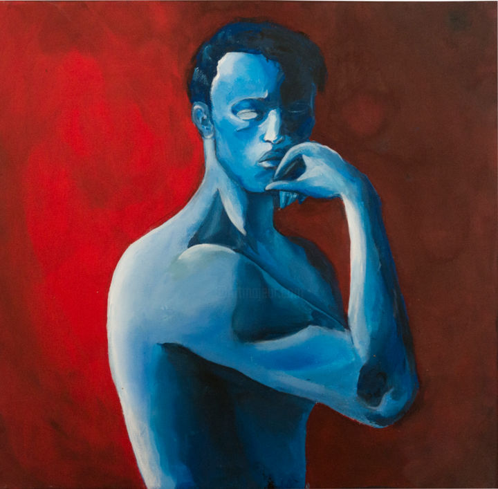 Painting titled "Blue man on red, ac…" by Maria Extaz, Original Artwork, Acrylic