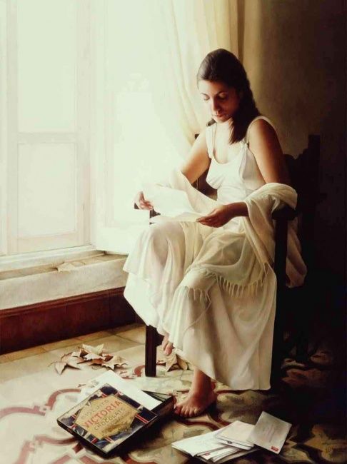 Pintura titulada "Leyendo unas cartas…" por Majoagui, Obra de arte original, Oleo