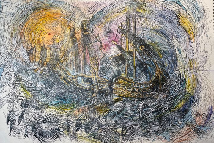 Pintura titulada "Sea-fight between C…" por Isabel Ferrer, Obra de arte original, Acuarela