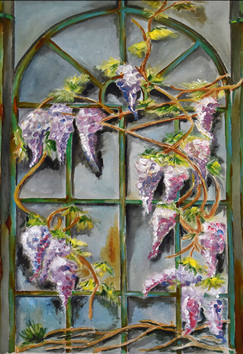 Painting titled "greenhouse window w…" by Ludo, Original Artwork, Acrylic