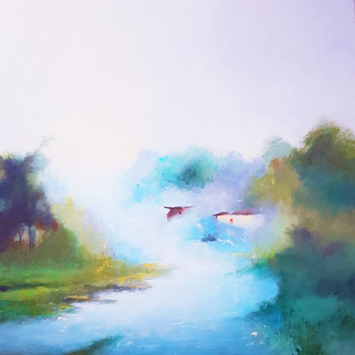 Painting titled "la rivière" by Mariame Larour, Original Artwork, Acrylic Mounted on Wood Stretcher frame