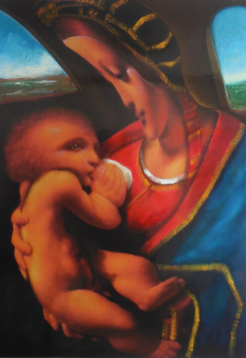 Painting titled "Maternite-interpret…" by Marian Condruz, Original Artwork, Other