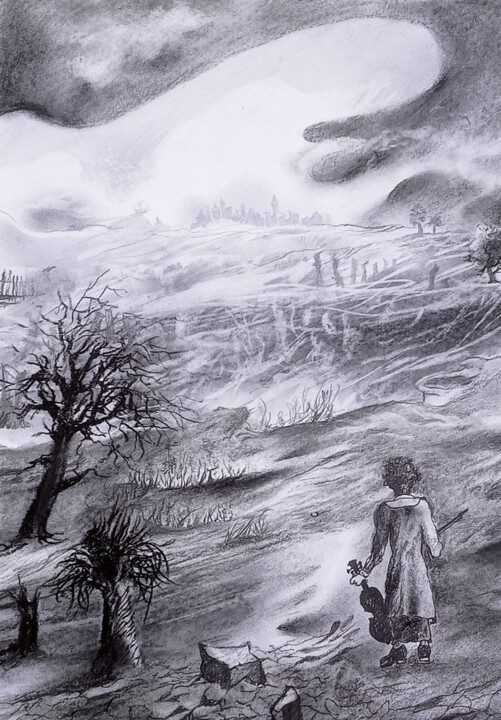 Painting titled "STILLE" by Marian Czura, Original Artwork, Charcoal Mounted on Cardboard