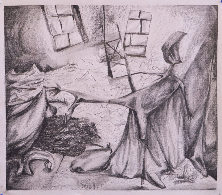 「A casa das janelas」というタイトルの描画 Mariana Araújoによって, オリジナルのアートワーク, グラファイト
