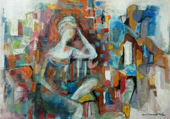 Painting titled "Thinking of..." by Mariana De Mello, Original Artwork, Acrylic Mounted on Wood Stretcher frame