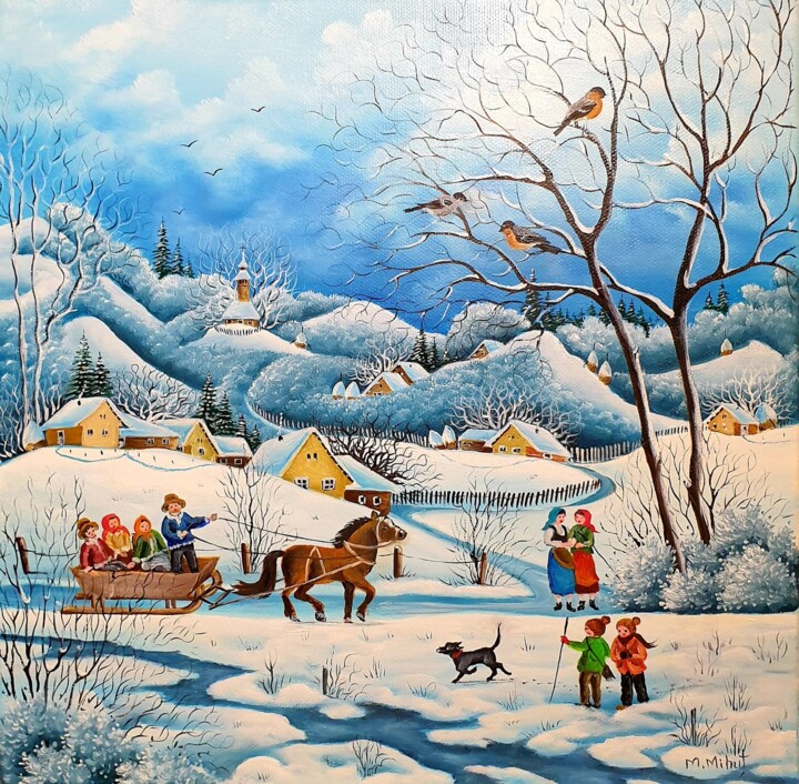 Painting titled "Une journée d'hiver…" by Mariana Mihut, Original Artwork, Oil