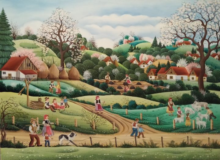 Peinture intitulée "Spring in village" par Mariana Mihut, Œuvre d'art originale, Huile