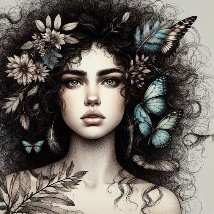 Digital Arts titled "Woman and butterfli…" by Mariana, Original Artwork, AI generated image