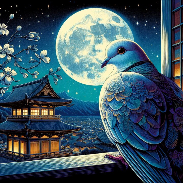 Arte digital titulada "Dove and moon" por Mariana, Obra de arte original, Imagen generada por IA