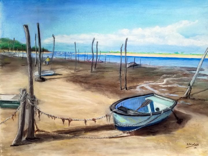 Painting titled "La barque de pêche" by Marian Cobos, Original Artwork, Pastel