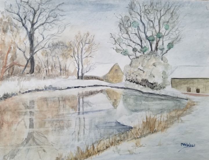 Peinture intitulée "Reflets dans l'étang" par Marian Cobos, Œuvre d'art originale, Aquarelle