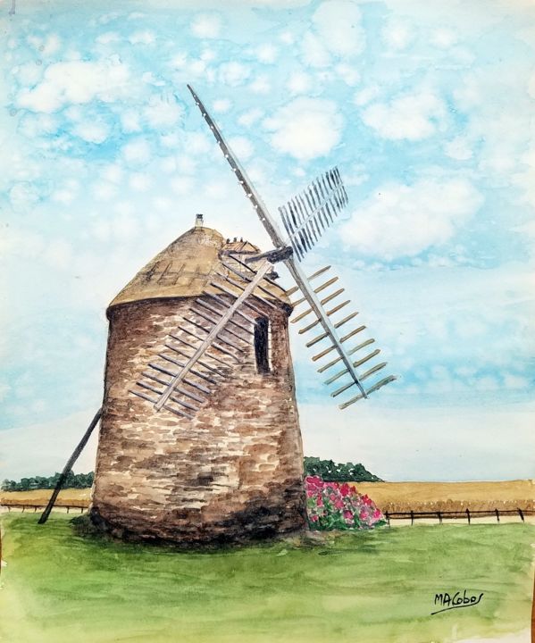 Malerei mit dem Titel "Le vieux Moulin" von Marian Cobos, Original-Kunstwerk, Aquarell