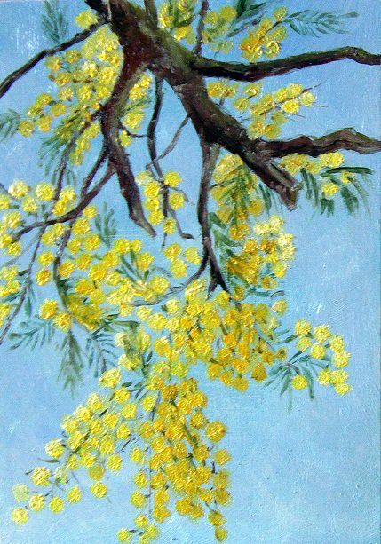 Painting titled "Branche de mimosas" by Marian Cobos, Original Artwork