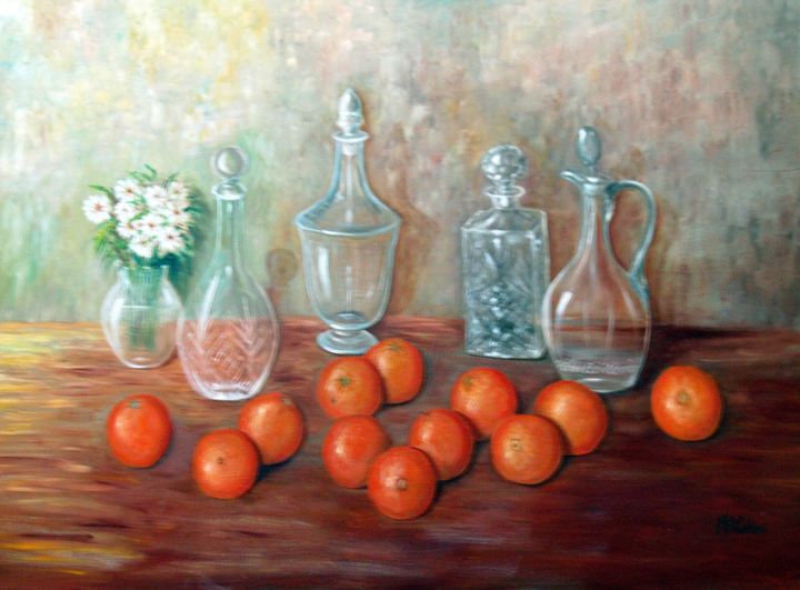 Painting titled "carafes-et-oranges.…" by Marian Cobos, Original Artwork, Oil