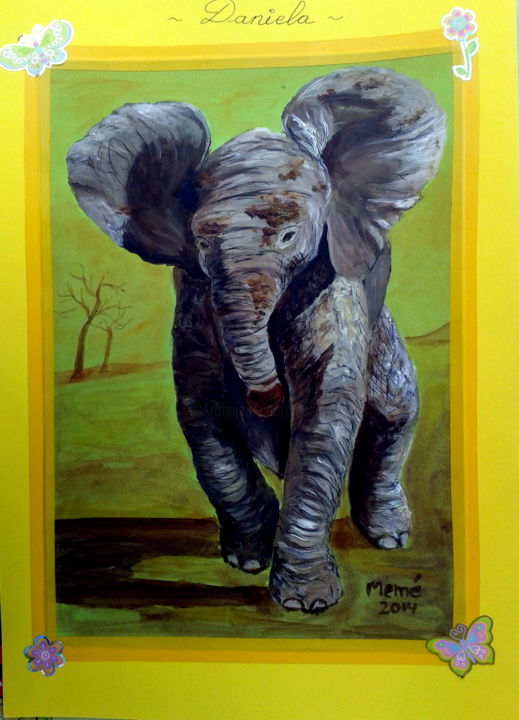 Painting titled "jeune éléphant" by Marian Cobos, Original Artwork, Acrylic