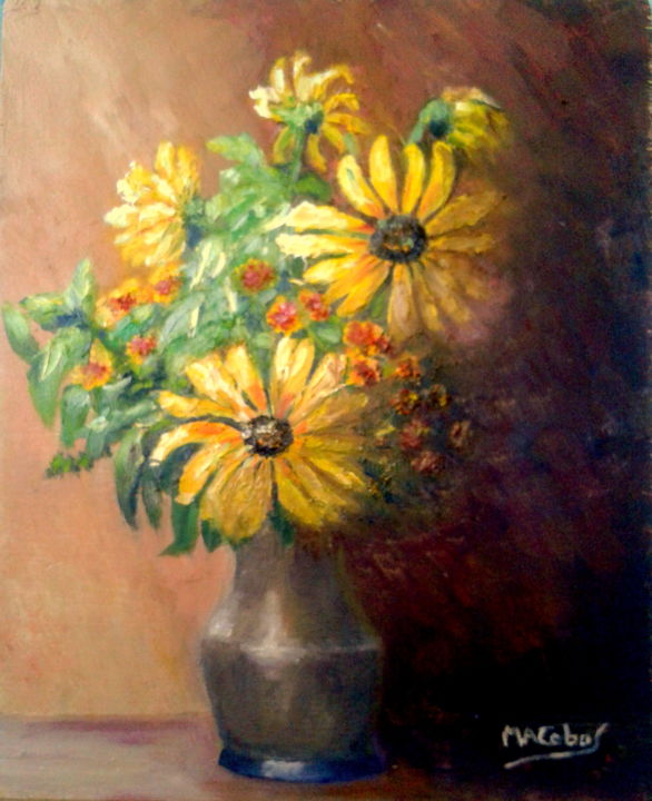 Картина под названием "Fleurs d'automne" - Marian Cobos, Подлинное произведение искусства, Масло