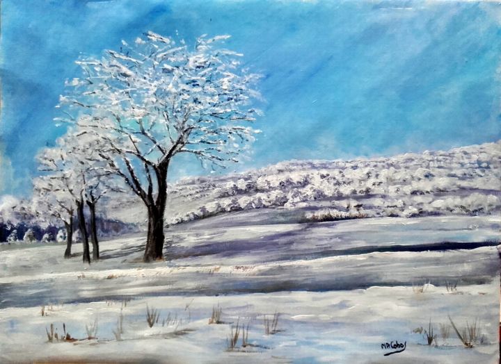 Schilderij getiteld "Paysage d'hiver" door Marian Cobos, Origineel Kunstwerk, Acryl