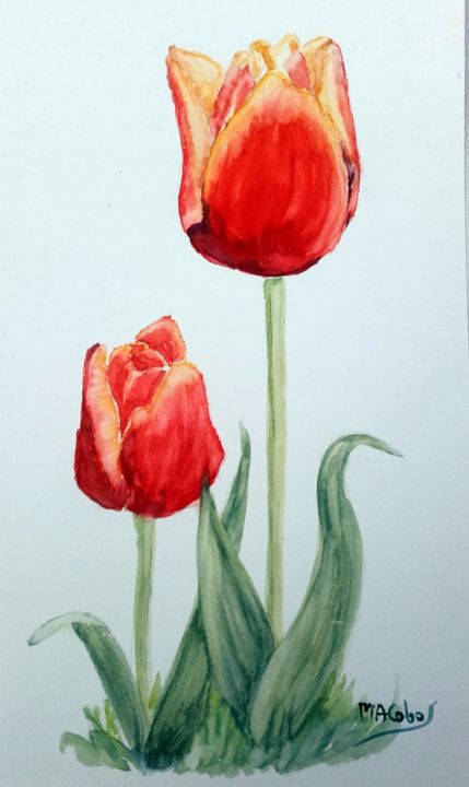 Peinture intitulée "Camarades Tulipes" par Marian Cobos, Œuvre d'art originale, Aquarelle