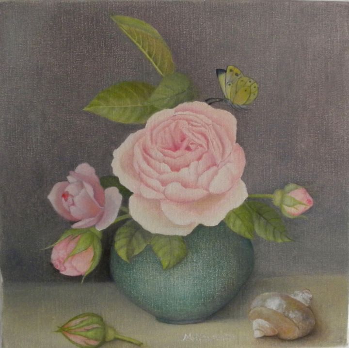 Painting titled "Roses, papillon et…" by Maria N-F-B, Original Artwork, Oil