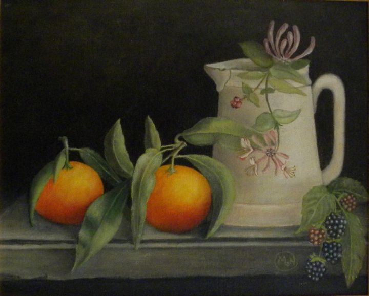 Painting titled "Pichet, mandarines…" by Maria N-F-B, Original Artwork, Oil