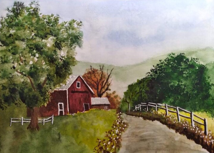 Painting titled "Red Barn Down The L…" by Mariann Skears, Original Artwork, Watercolor