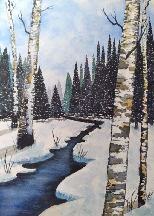 Painting titled "Snowy Day At The Cr…" by Mariann Skears, Original Artwork, Watercolor