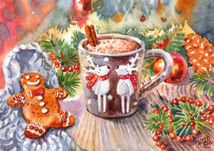 Pintura intitulada "Cup of cocoa and gi…" por Marianna Sovyk, Obras de arte originais, Aquarela
