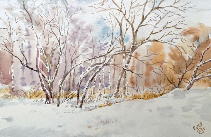 Pintura intitulada "Winter forest" por Marianna Sovyk, Obras de arte originais, Aquarela