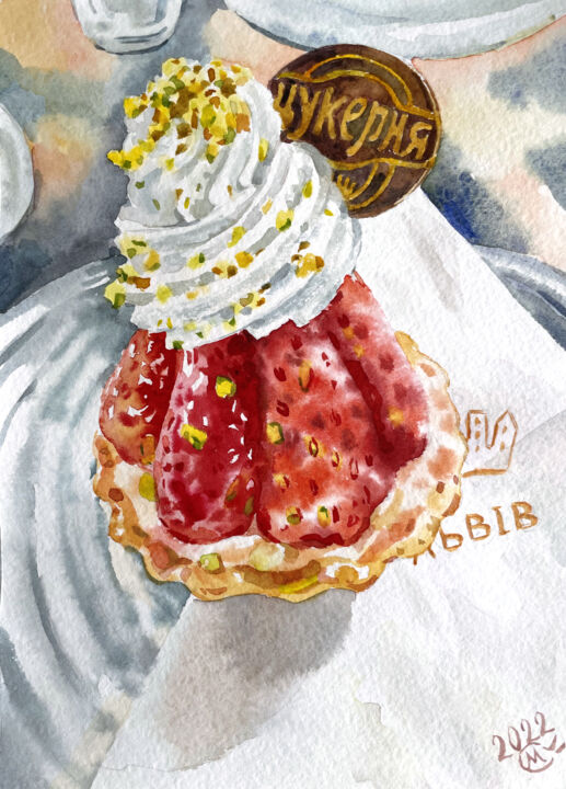 Pintura intitulada "Strawberry dessert" por Marianna Sovyk, Obras de arte originais, Aquarela