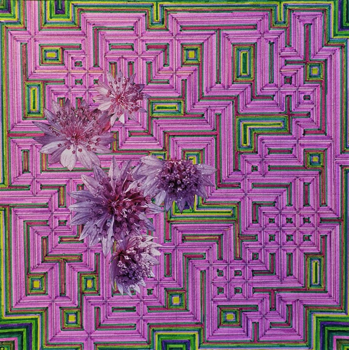 Painting titled "labyrinthe aux fleu…" by Marianne Camus, Original Artwork, Marker