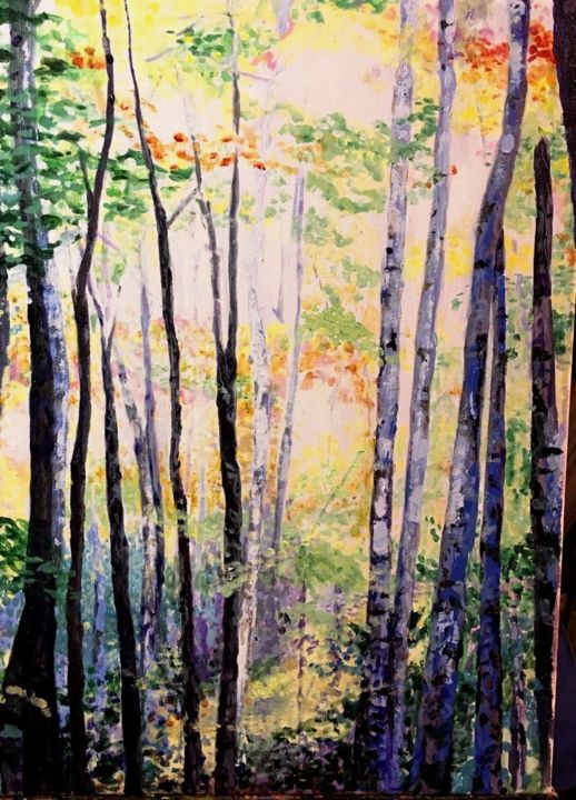 Peinture intitulée "Bouleaux l'automne" par Marianne Dufour, Œuvre d'art originale, Acrylique