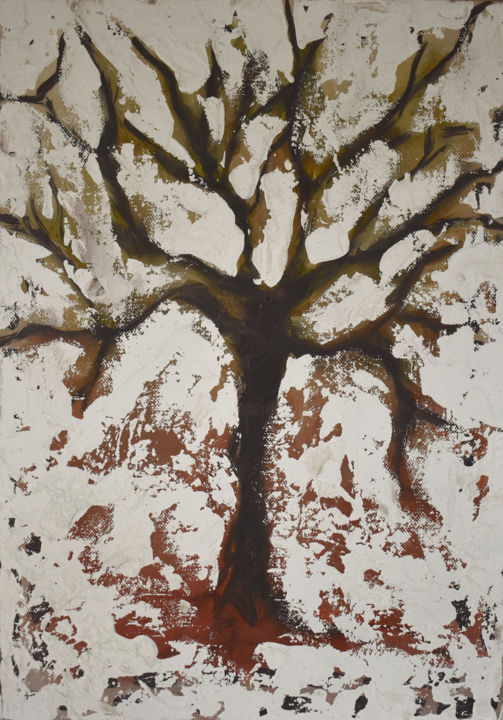 Painting titled "Winter tree" by Marianne Simonin, Original Artwork, Oil Mounted on Wood Stretcher frame