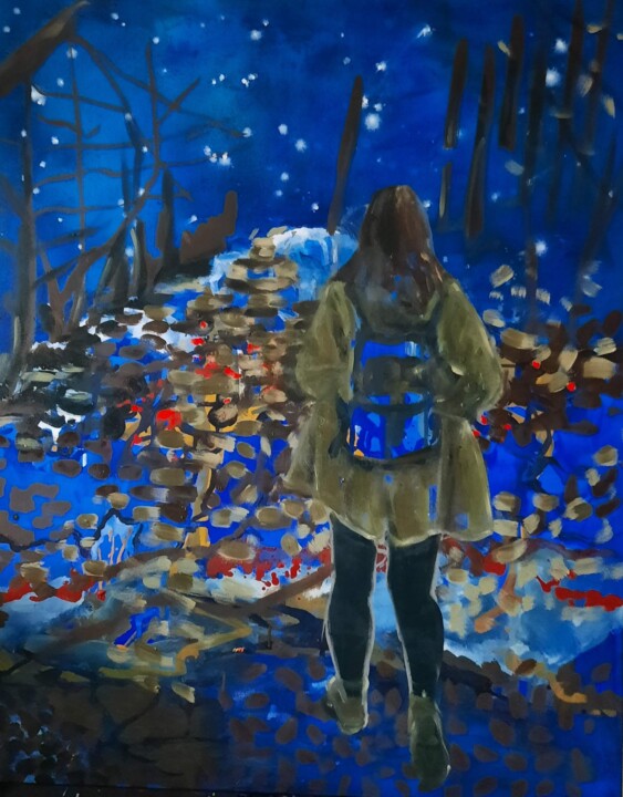 Painting titled "Night walk" by Marianne Simonin, Original Artwork, Acrylic