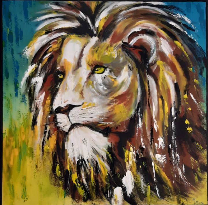 Painting titled "Lion bleu" by Marianne Blanc, Original Artwork, Acrylic