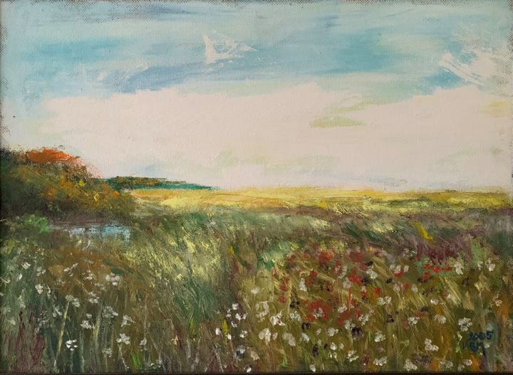 Painting titled "MOUNTAIN MEADOW" by Marie Kantorová Selmiová, Original Artwork, Oil