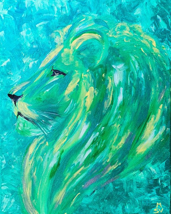 Pittura intitolato "Green Lion" da Maria Sabrina Viviani, Opera d'arte originale, Acrilico Montato su Pannello di legno