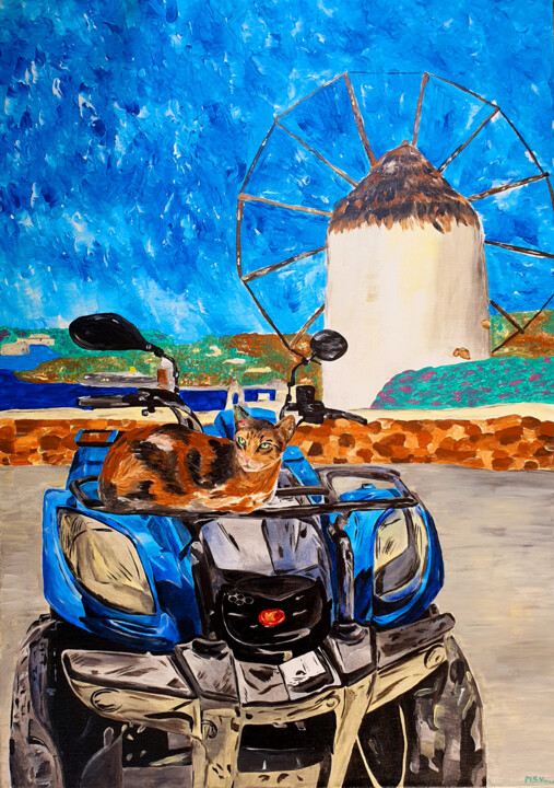 Painting titled "CAT IN MYKONOS" by Maria Sabrina Viviani, Original Artwork, Acrylic Mounted on Wood Stretcher frame