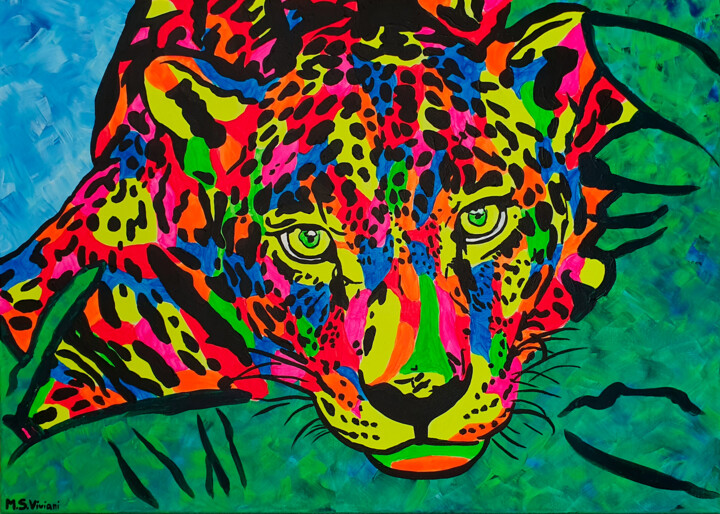Peinture intitulée "Fluo Leopard" par Maria Sabrina Viviani, Œuvre d'art originale, Acrylique Monté sur Châssis en bois