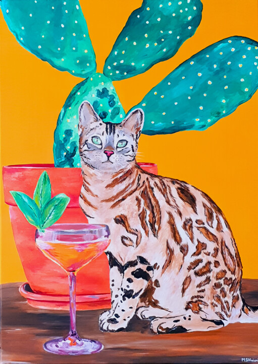 Painting titled "Cocktail cat" by Maria Sabrina Viviani, Original Artwork, Acrylic
