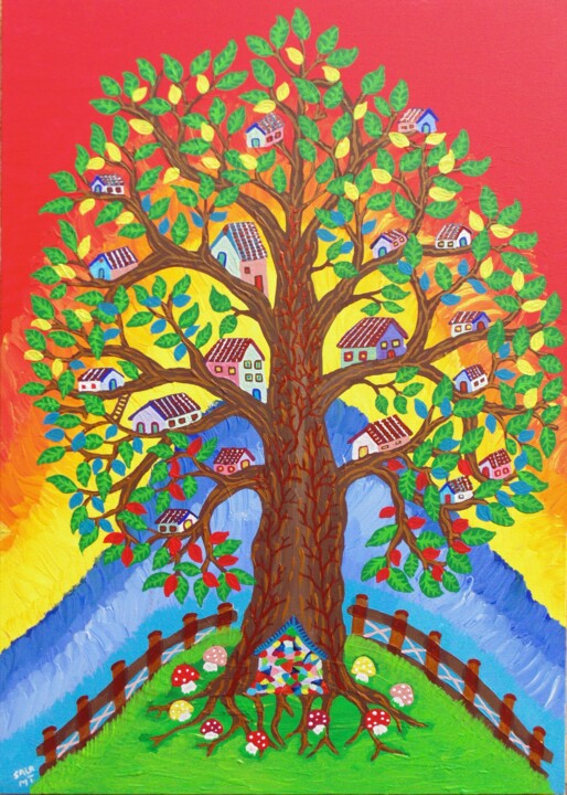 Malarstwo zatytułowany „l'albero degli elfi” autorstwa Mariateresa Sala, Oryginalna praca, Akryl Zamontowany na Drewniana ra…
